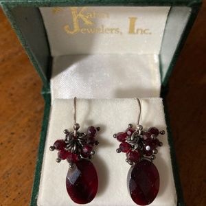 Dark Red Garnet Beaded Earrings, cluster silver dangle earrings